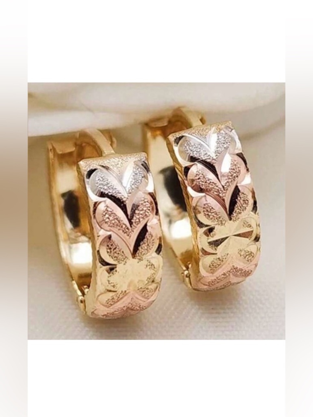💛 Heart Linked Gold, Silver & Pink Heart Earrings